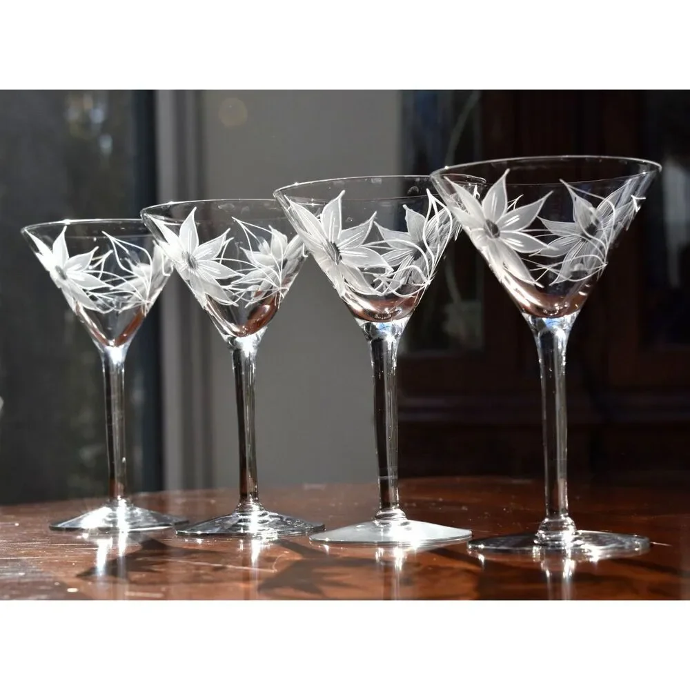 Set of 4 Hand-Blown & Etched Water Goblets – UNK257 Pattern